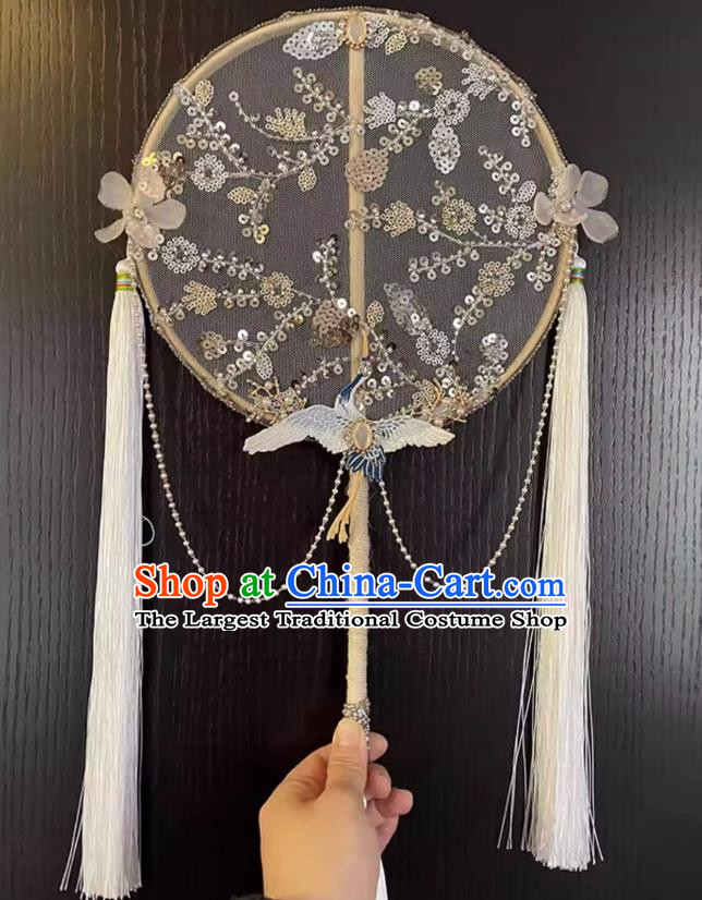 Embroidery Beads Heavy Industry Ancient Style Hanfu Long Handle Round Fan Handmade Palace Fan Dance Fan Chinese Style
