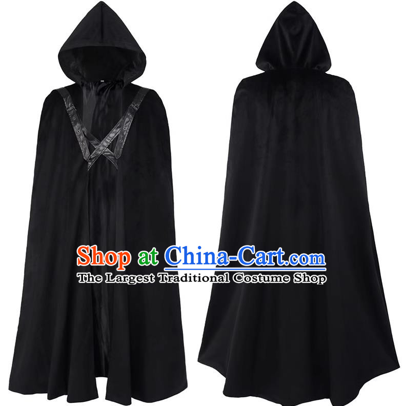 Halloween Black Arakko Costume Hooded Mysterious Witch Mage Cloak Suede Strap Chemistry Doctor Costume