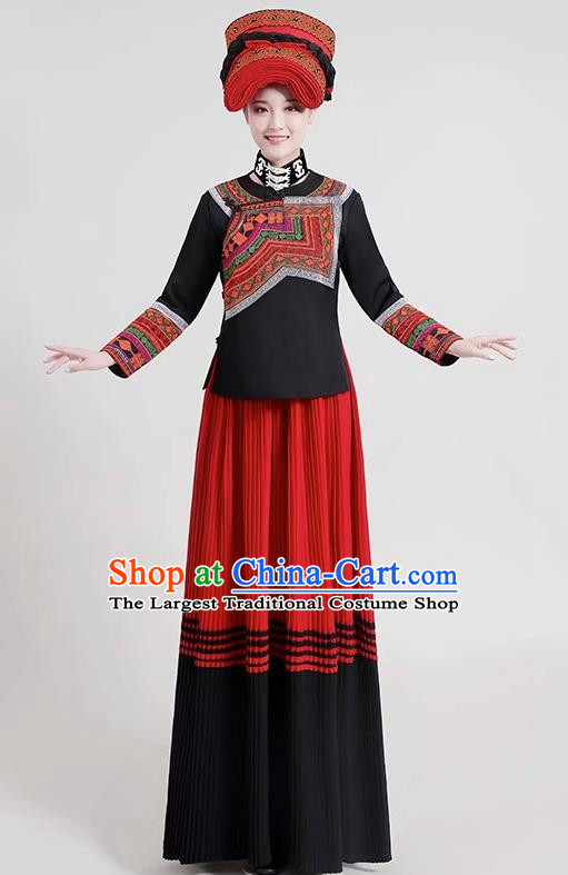 Yunnan Yi Ethnic Minority Traditional Women Dress Long Skirt Embroidery Daily Life Torch Festival Performance Costumes
