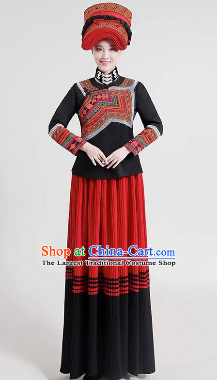 Yunnan Yi Ethnic Minority Traditional Women Dress Long Skirt Embroidery Daily Life Torch Festival Performance Costumes