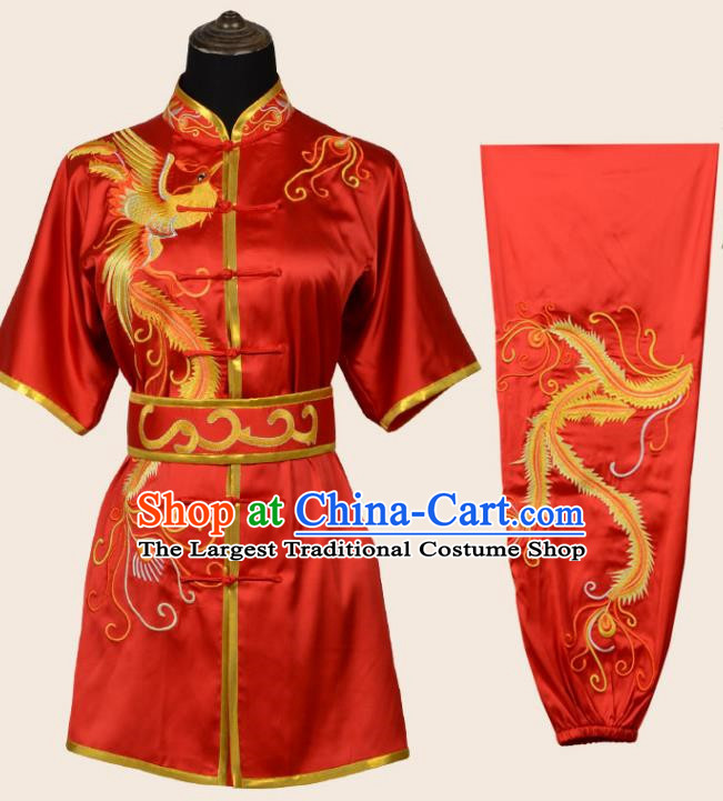 Red Martial Arts Clothing Phoenix Dance Nine Days Embroidered Phoenix Performance Clothing Long Boxing Clothing Practice Clothing Competition Clothing For Women, Boys And Children