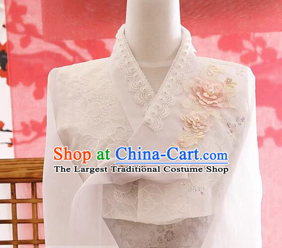 Korean Embroidered White Hanbok Bride Celebration Costume Traditional Wedding Dress Pearls Fashion