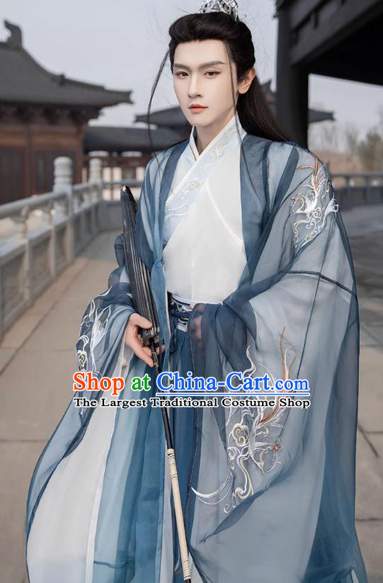 Chinese Traditional Young Hero Hanfu Ancient Swordsman Blue Clothing Jin Dynasty Male Garment Costumes