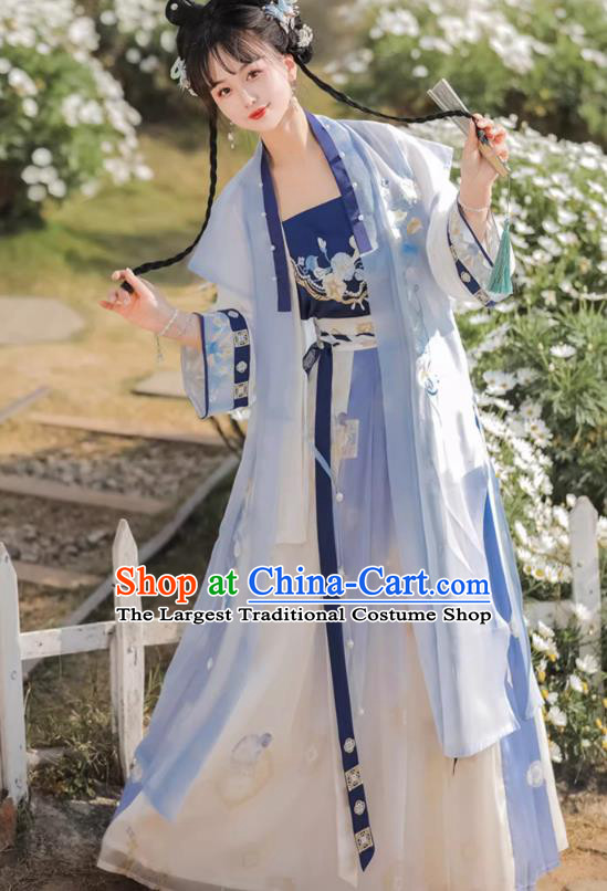 Chinese Song Dynasty Female Garment Costumes Traditional Blue Hanfu Dress Ancient Young Woman Clothing