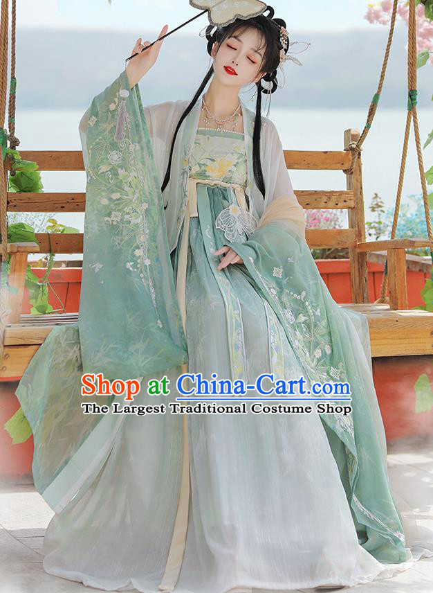 Chinese Ancient Flower Fairy Clothing Tang Dynasty Royal Princess Garment Costumes Traditional Green Hanfu Dress