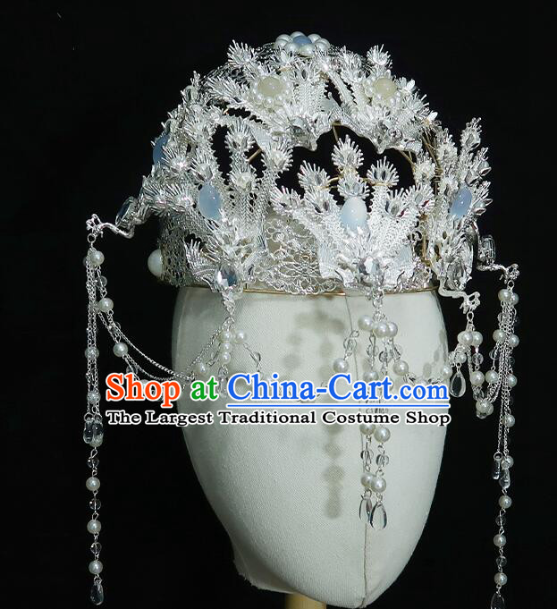 Chinese Ancient Empress Argent Crown Handmade Phoenix Headdress Hanfu Wedding Jewelries