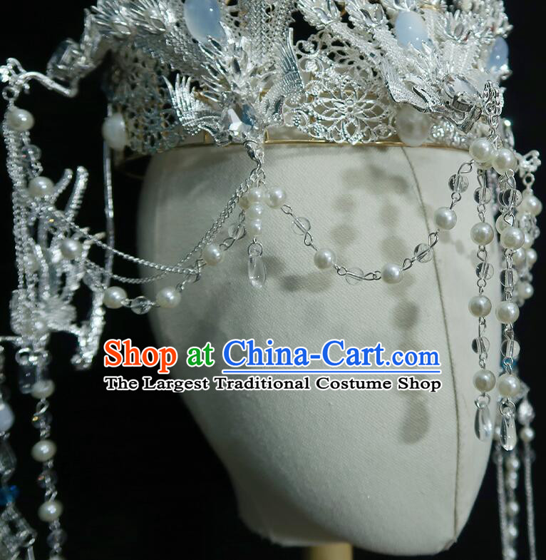 Chinese Ancient Empress Argent Crown Handmade Phoenix Headdress Hanfu Wedding Jewelries