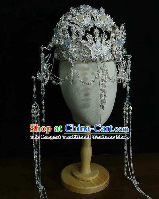 Chinese Ancient Empress Argent Crown Handmade Phoenix Headdress Hanfu Wedding Jewelries