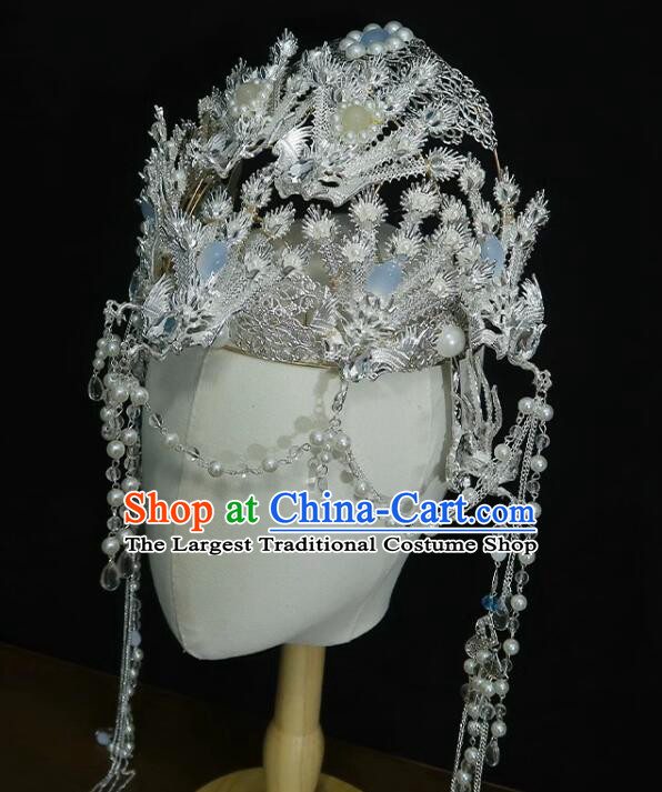 Chinese Ancient Empress Argent Crown Handmade Phoenix Headdress Hanfu Wedding Jewelries