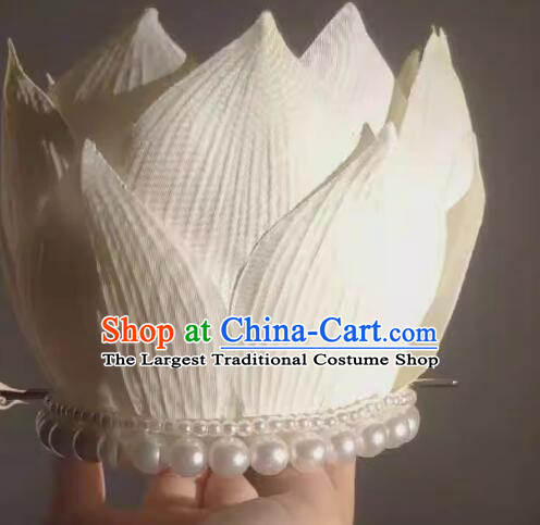 Chinese Hanfu Hair Jewelries Ancient Goddess White Lotus Crown Handmade Song Dynasty Court Empress Headdress