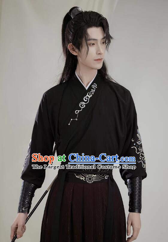 Chinese Traditional Hanfu Ancient Swordsman Black Clothing Jin Dynasty Handsome Childe Garment Costumes