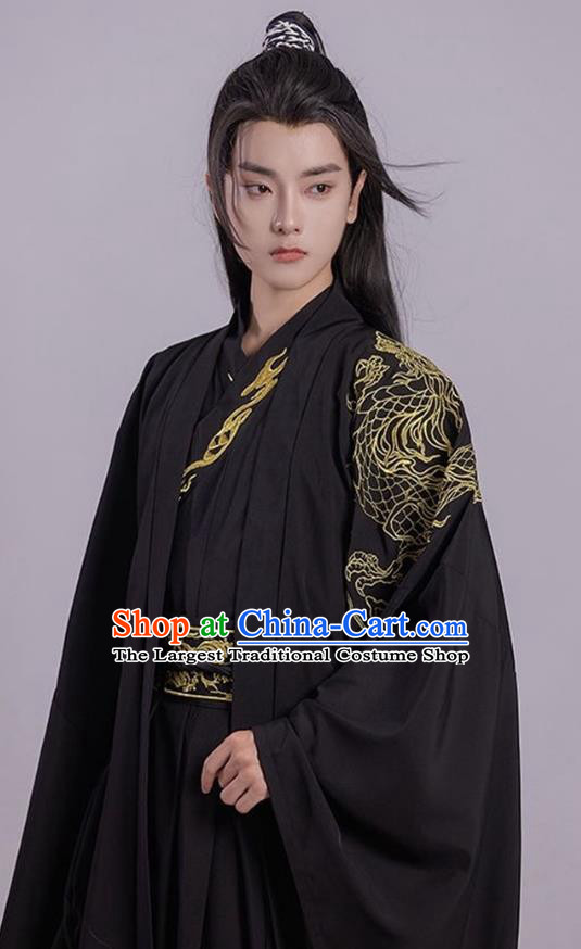 China Ancient Swordsman Black Clothing Traditional Embroidered Hanfu Jin Dynasty Royal Childe Garment Costumes