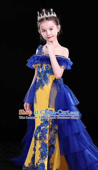 Chinese Girl Compere Full Dress Embroidered Birthday Costume Children Modern Fancywork Clothing