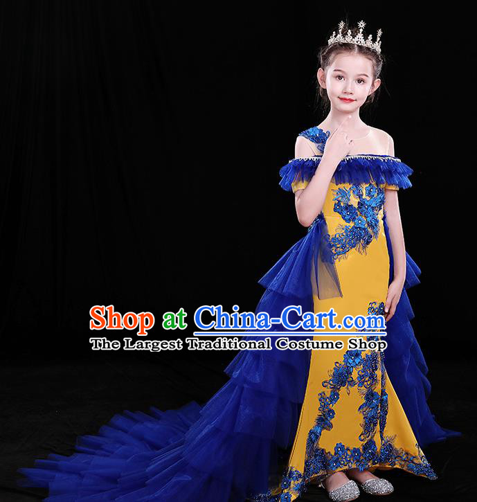Chinese Girl Compere Full Dress Embroidered Birthday Costume Children Modern Fancywork Clothing