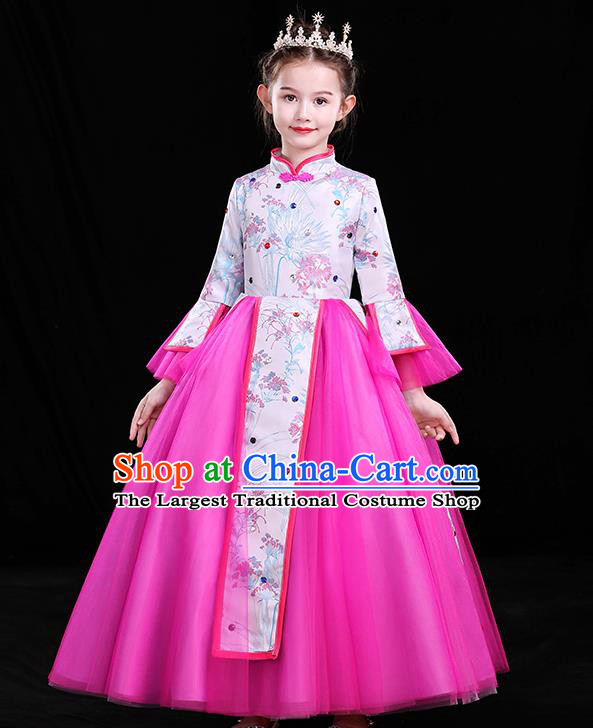 Top Girl Compere Full Dress Catwalks Megenta Veil Costume Children Modern Fancywork Clothing Chinese
