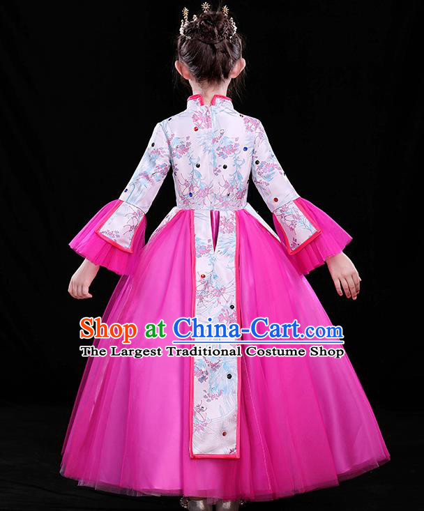 Top Girl Compere Full Dress Catwalks Megenta Veil Costume Children Modern Fancywork Clothing Chinese