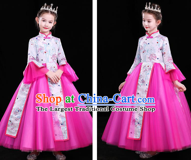 Top Girl Compere Full Dress Catwalks Megenta Veil Costume Children Modern Fancywork Clothing Chinese