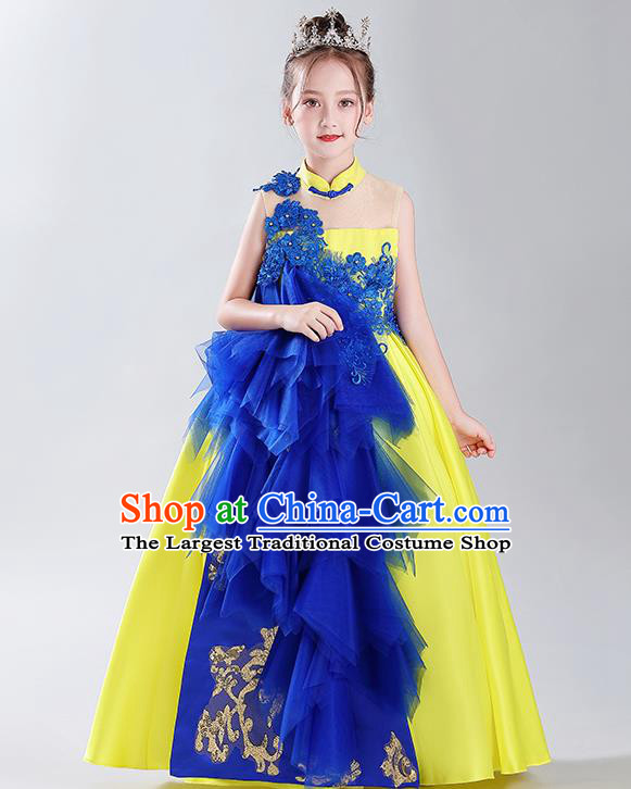Catwalks Princess Formal Costume Children Modern Fancywork Clothing Girl Compere Yellow Full Dress