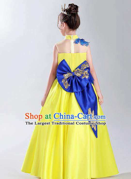 Catwalks Princess Formal Costume Children Modern Fancywork Clothing Girl Compere Yellow Full Dress