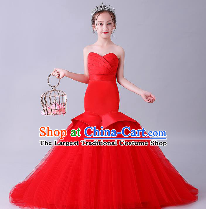 Children Stage Show Clothing Girl Compere Red Mermaid Full Dress Catwalks Princess Formal Costume