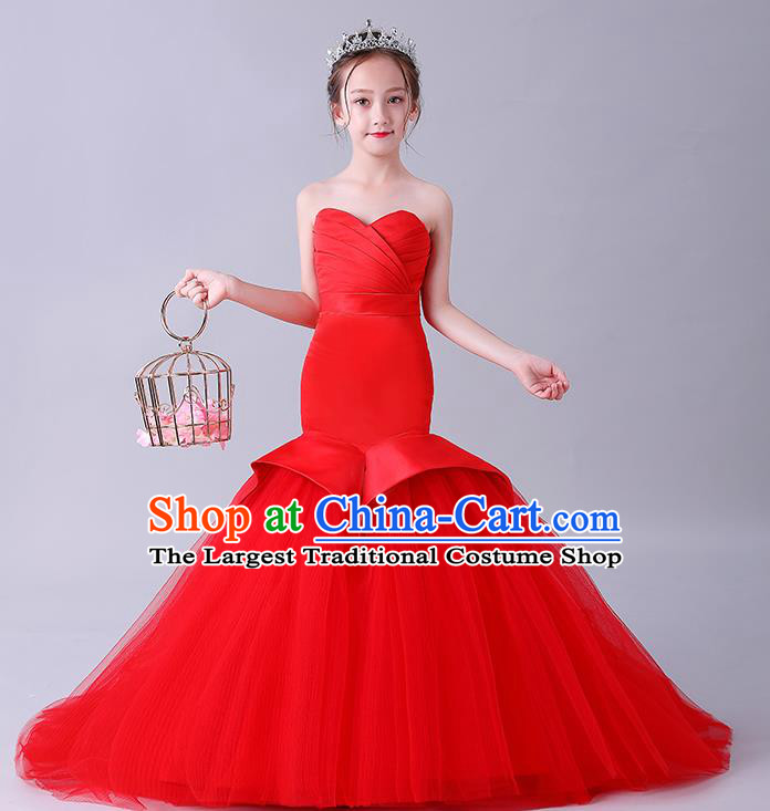 Children Stage Show Clothing Girl Compere Red Mermaid Full Dress Catwalks Princess Formal Costume