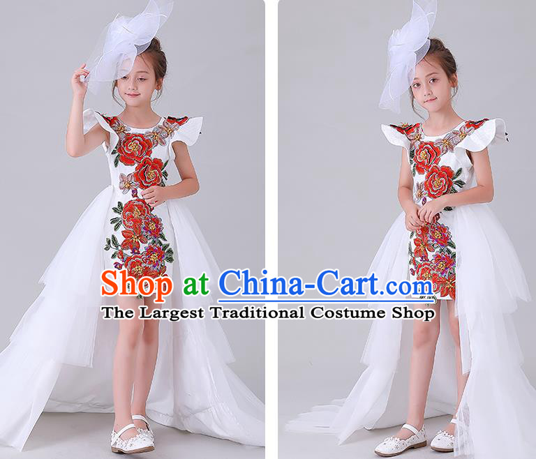 Children Catwalks Embroidered Costume Stage Show Princess Clothing Girl Compere White Full Dress