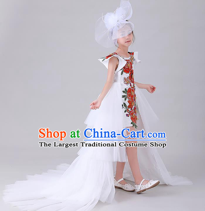 Children Catwalks Embroidered Costume Stage Show Princess Clothing Girl Compere White Full Dress