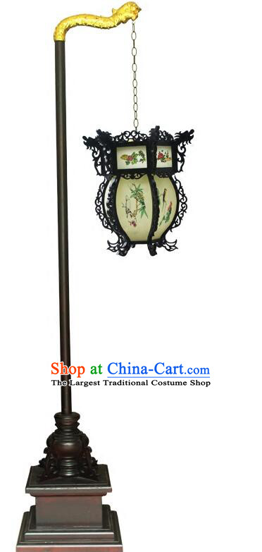 Ancient China Wooden Hanging Lantern Handmade Hexagonal Palace Lamp Painted Flower and Bird Pattern Lantern