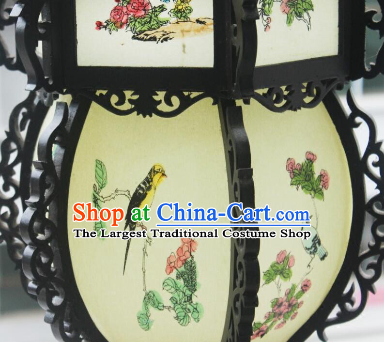 Ancient China Wooden Floor Lantern Handmade Hexagonal Palace Lamp Painted Flower and Bird Pattern Lantern