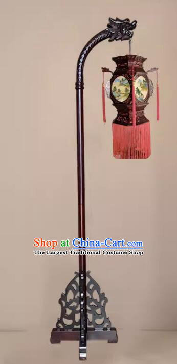 Ancient China Painted Landscape Lantern Wooden Floor Lantern Handmade Standing Palace Lamp