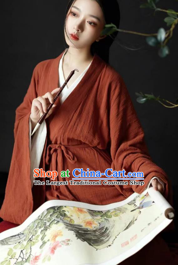 China Jin Dynasty Young Lady Clothing Ancient Swordswoman Costumes Traditional Red Linen Hanfu Dress
