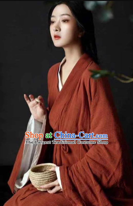 China Jin Dynasty Young Lady Clothing Ancient Swordswoman Costumes Traditional Red Linen Hanfu Dress