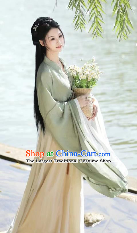 Ancient Jin Dynasty Young Woman Clothing China Country Lady Costumes Traditional Green Hanfu Dress