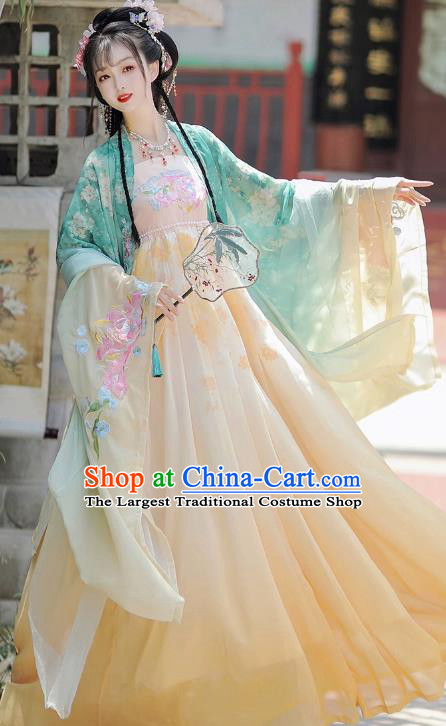 China Traditional Hanfu Hezi Dress Ancient Princess Light Green Costumes Tang Dynasty Young Woman Clothing