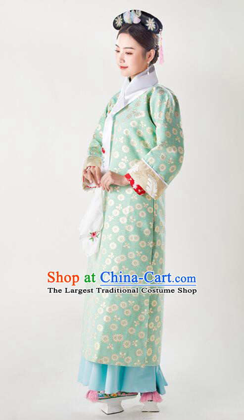 China Ancient Palace Lady Costumes Qing Dynasty Princess Clothing Green Qipao