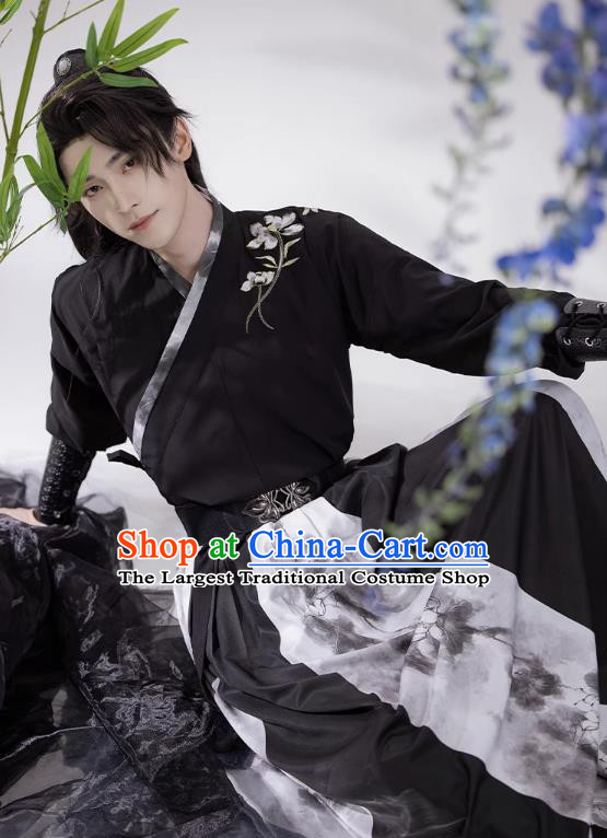 China Ancient Young Hero Costumes Ming Dynasty Male Clothing Wuxia TV Series Swordsman Black Hanfu Outfit