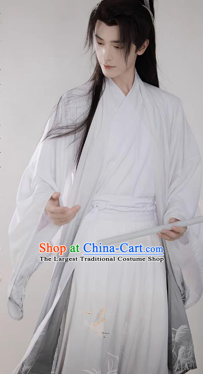 China Wuxia TV Series Swordsman White Hanfu Outfit Ancient Young Childe Costumes Song Dynasty Scholar Clothing
