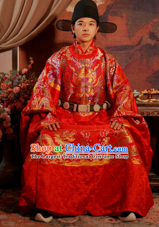 China Traditional Wedding Clothing Ancient Groom Red Costume Ming Dynasty Scholar Robes Complete Set