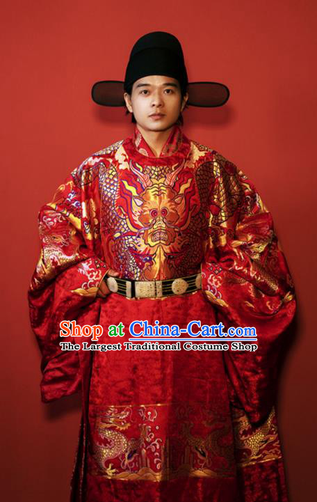 China Traditional Wedding Clothing Ancient Groom Red Costume Ming Dynasty Robes Complete Set