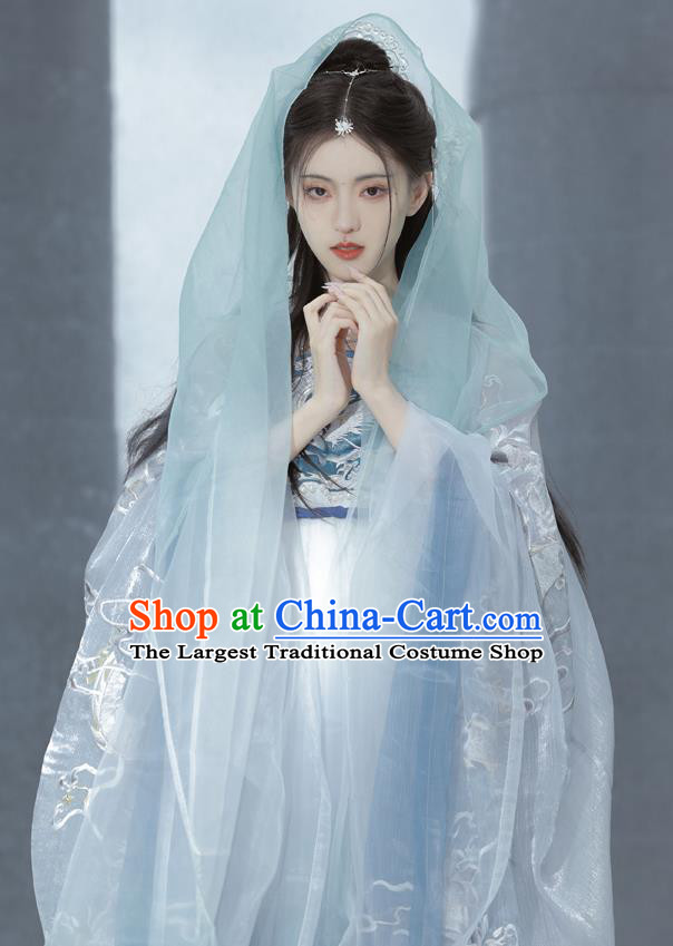 China Tang Dynasty Princess Blue Dresses Traditional Hanfu Embroidered Hezi Qun Clothing Ancient Palace Lady Costumes