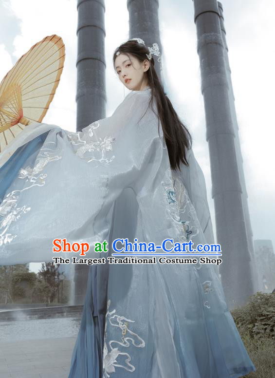 China Tang Dynasty Princess Blue Dresses Traditional Hanfu Embroidered Hezi Qun Clothing Ancient Palace Lady Costumes