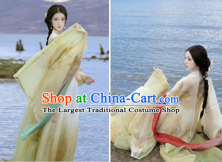 China Ancient Palace Lady Costumes Tang Dynasty Princess Yellow Dresses Traditional Hanfu Embroidered Hezi Qun Clothing