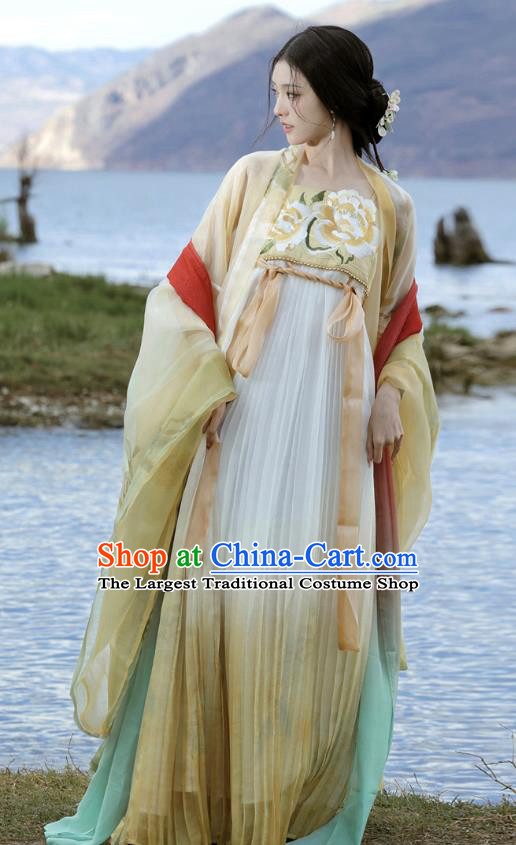 China Ancient Palace Lady Costumes Tang Dynasty Princess Yellow Dresses Traditional Hanfu Embroidered Hezi Qun Clothing