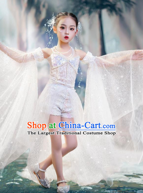 Girls White Shiny Bling Trailing Sleeves Catwalk Clothes Fairy Suit Fairy