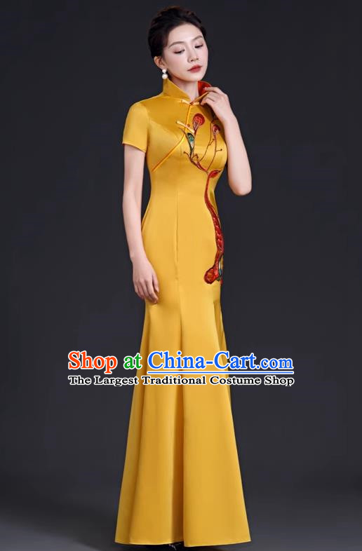 Chinese Style Top Evening Dress High Collar Long Fishtail Self Cultivation Annual Meeting Model Catwalk Costume Yellow