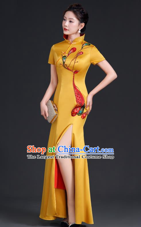 Chinese Style Top Evening Dress High Collar Long Fishtail Self Cultivation Annual Meeting Model Catwalk Costume Yellow
