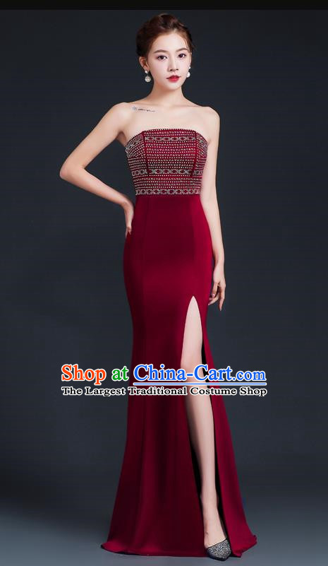 Sexy Wine Red Banquet Tube Top Evening Dress Women High Level Fishtail Dress Skirt