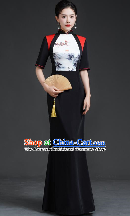 Chinese Catwalk Style Cheongsam Long Black Fishtail Slim Stage Performance Costume Banquet Evening Dress