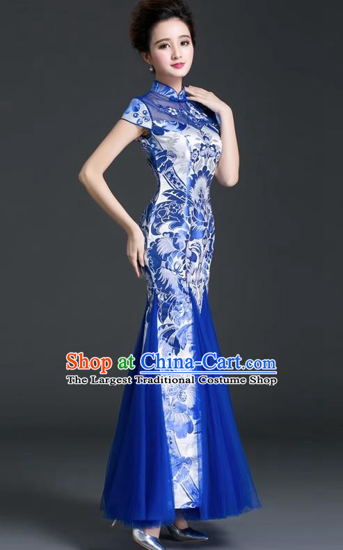 Chinese Style Cheongsam Evening Dress Long Fishtail Self Cultivation Annual Meeting Model Catwalk Costume Blue And White Porcelain