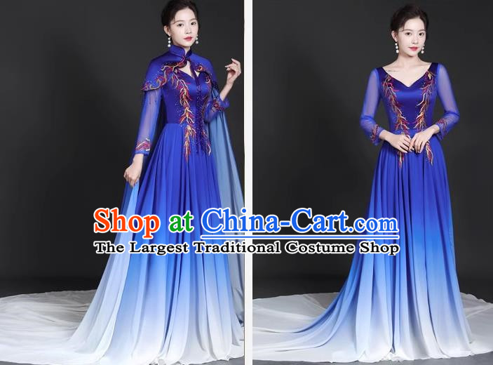 Chinese Style Top Trailing Evening Dress Model Catwalk Cheongsam Performance Costume Guzheng Playing Host Dress Blue